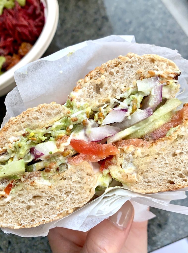 Loaded vegan bagel at Juice Ranch in Santa Barbara. 