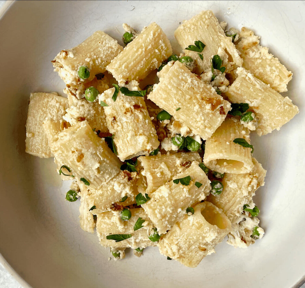Creamy Vegan Pasta (Ricotta, Peas, Plant-Based Pancetta) 